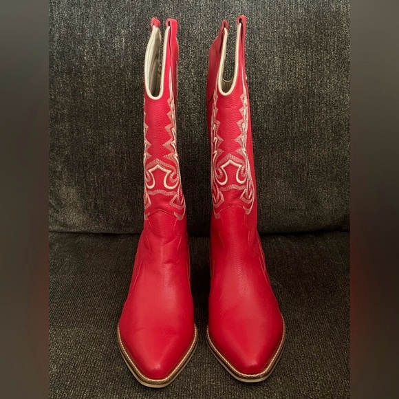Stivali New York Red Leather Western Loyal Cowgirl Boots -Size 8 - Picture 4 of 12